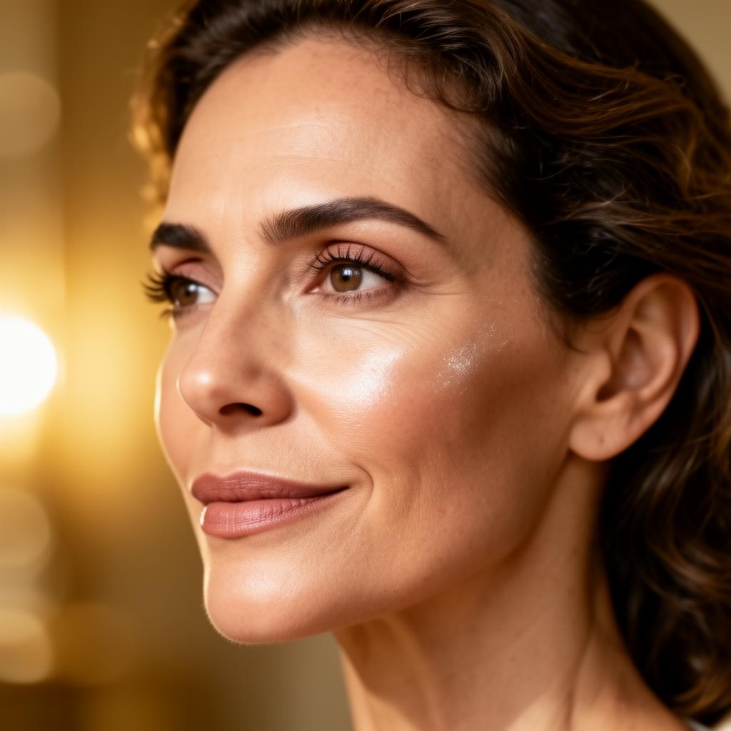 Mulher com pele iluminada e naturalmente rejuvenescida após tratamento dermatológico