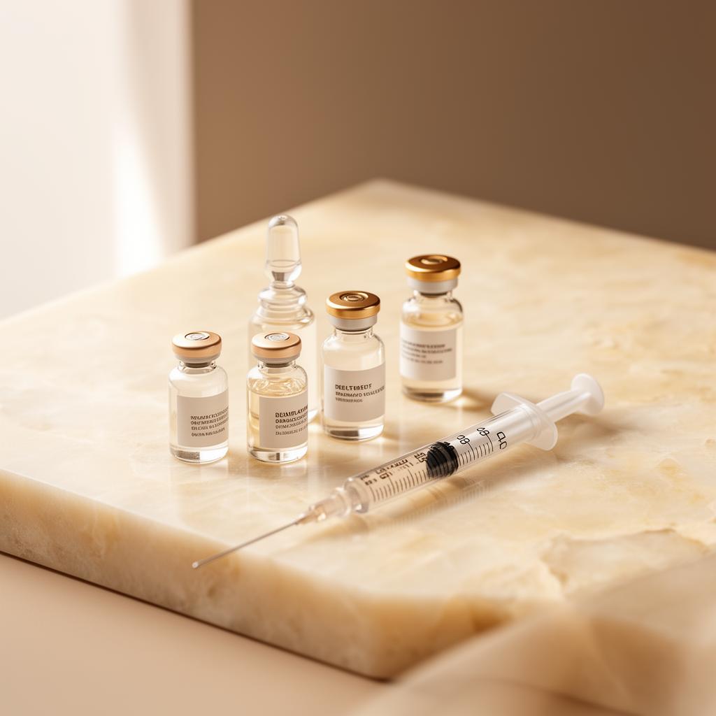 Frascos de bioestimuladores e seringa sobre superfície de mármore
