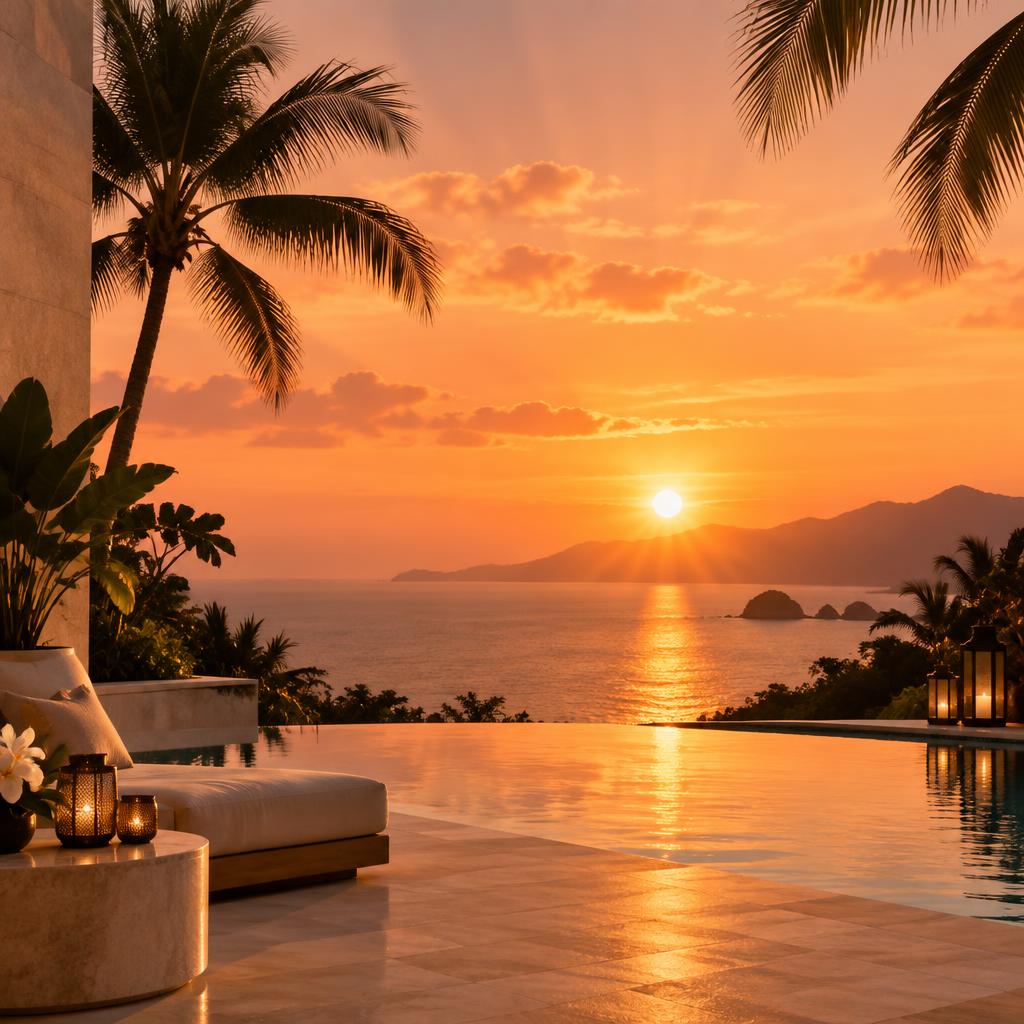 Pôr do sol dourado de verão com palmeiras e reflexos no mar